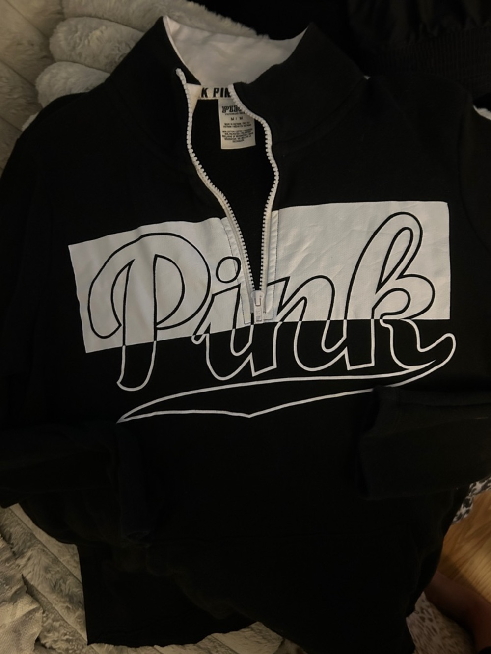 PINK Half-Zip Pullover Sweatshirt - Black & White with front kangaroo pockets